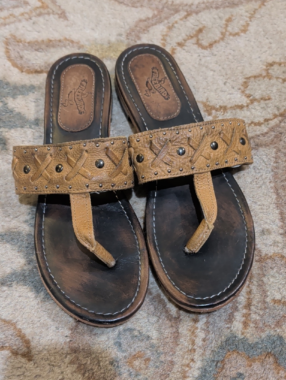 Freebird Shay Brown Studded X Leather Thong Sandals